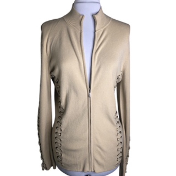 No Label Full Zip Faux Laced Sleeves and Side Front Mock Collar Sweater Size L - Picture 4 of 7